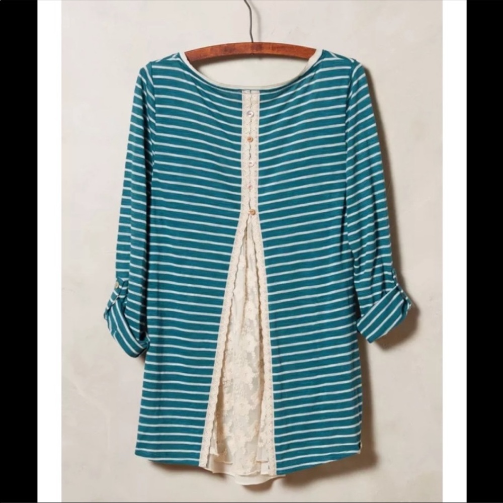 Anthropologie Teal and White Striped Long Sleeve Tee - Picture 2 of 7